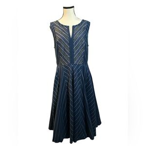 eShakti Navy Blue Striped Midi Dress with Beautiful Embroidery
